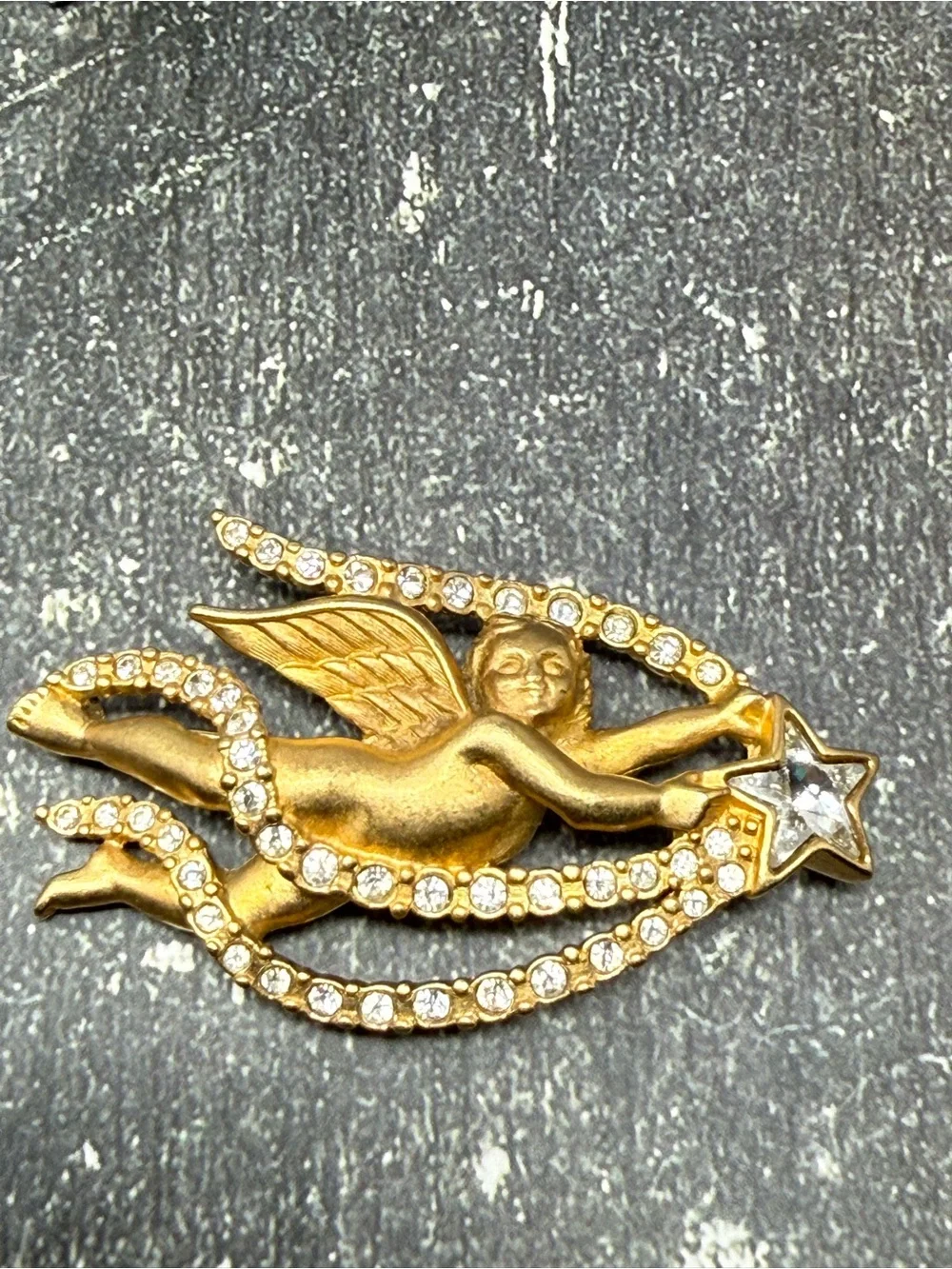 Gold Tone Angel Brooch Rhinestone Star Crystal Celestial Horoscope Jewelry